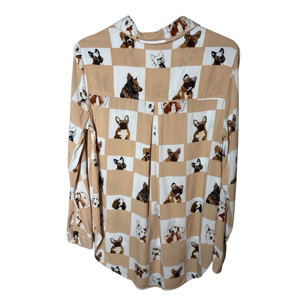 Women's JANE + DELANCEY Dog Print Button Blouse Corgi, Frenchie White Tan S - Picture 2 of 5